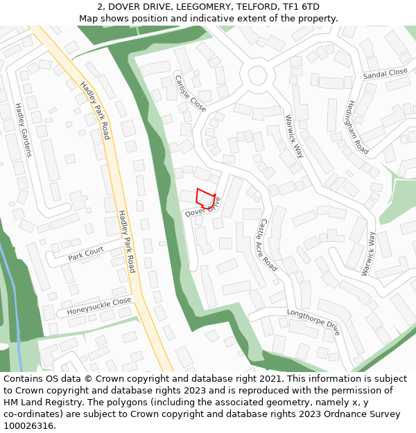 2, DOVER DRIVE, LEEGOMERY, TELFORD, TF1 6TD: Location map and indicative extent of plot