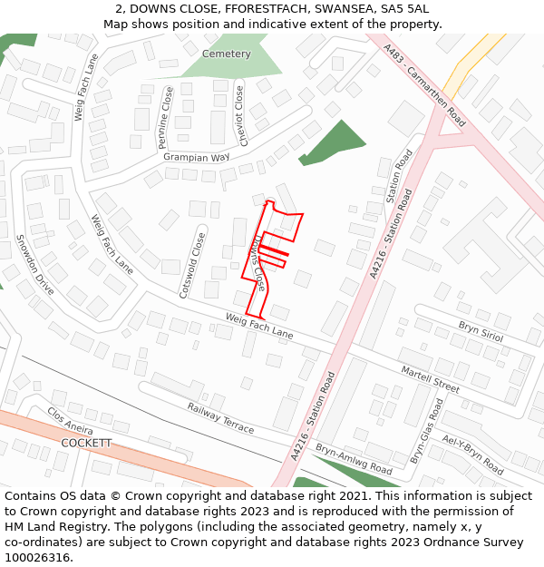 2, DOWNS CLOSE, FFORESTFACH, SWANSEA, SA5 5AL: Location map and indicative extent of plot