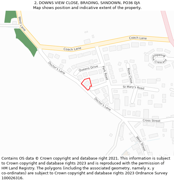 2, DOWNS VIEW CLOSE, BRADING, SANDOWN, PO36 0JA: Location map and indicative extent of plot