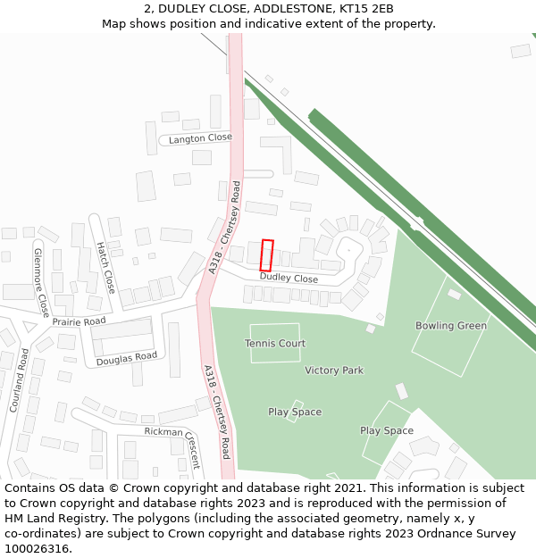 2, DUDLEY CLOSE, ADDLESTONE, KT15 2EB: Location map and indicative extent of plot