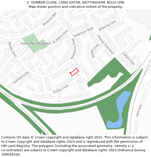 2, DUNBAR CLOSE, LONG EATON, NOTTINGHAM, NG10 1PW: Location map and indicative extent of plot