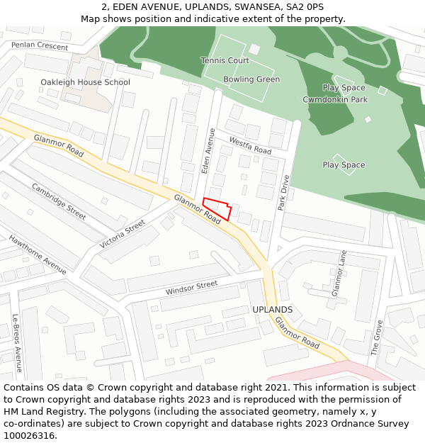 2, EDEN AVENUE, UPLANDS, SWANSEA, SA2 0PS: Location map and indicative extent of plot