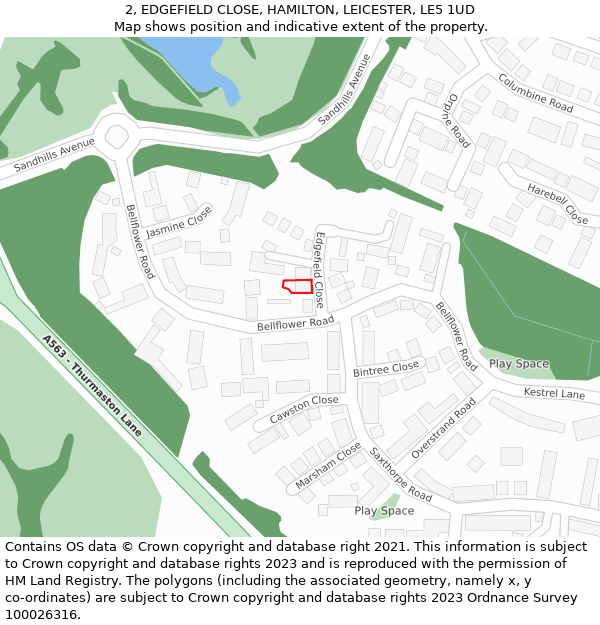 2, EDGEFIELD CLOSE, HAMILTON, LEICESTER, LE5 1UD: Location map and indicative extent of plot