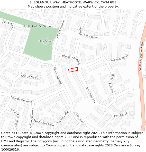 2, EGLAMOUR WAY, HEATHCOTE, WARWICK, CV34 6GE: Location map and indicative extent of plot