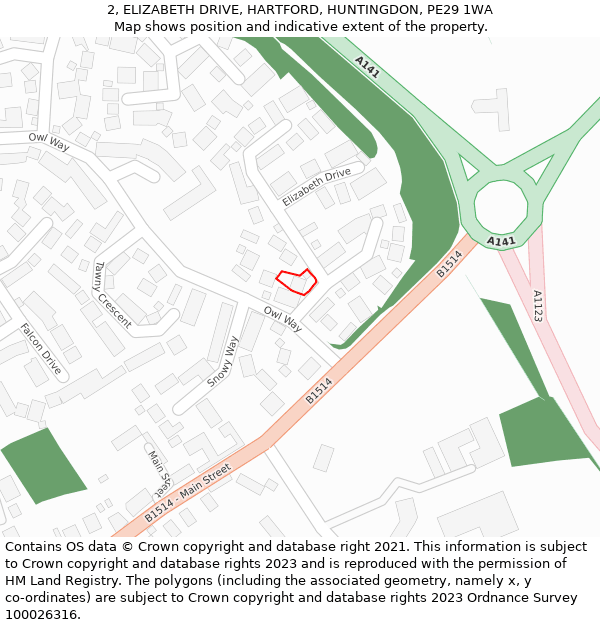 2, ELIZABETH DRIVE, HARTFORD, HUNTINGDON, PE29 1WA: Location map and indicative extent of plot