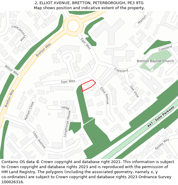 2, ELLIOT AVENUE, BRETTON, PETERBOROUGH, PE3 9TG: Location map and indicative extent of plot