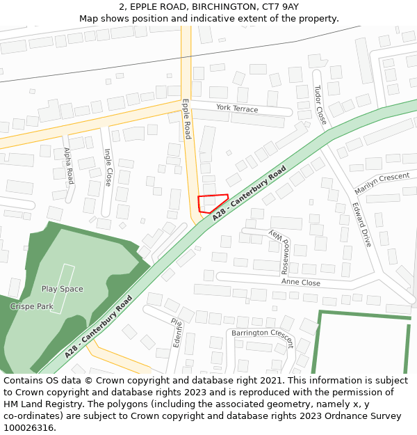 2, EPPLE ROAD, BIRCHINGTON, CT7 9AY: Location map and indicative extent of plot