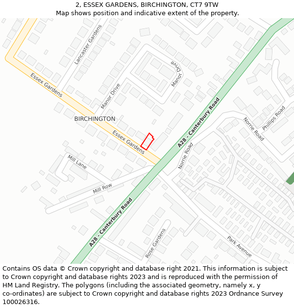 2, ESSEX GARDENS, BIRCHINGTON, CT7 9TW: Location map and indicative extent of plot