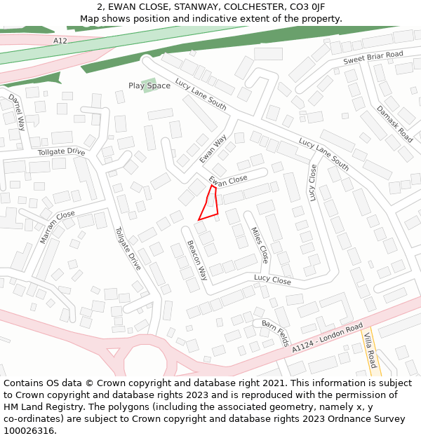 2, EWAN CLOSE, STANWAY, COLCHESTER, CO3 0JF: Location map and indicative extent of plot