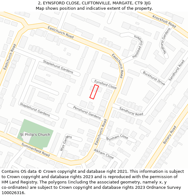 2, EYNSFORD CLOSE, CLIFTONVILLE, MARGATE, CT9 3JG: Location map and indicative extent of plot