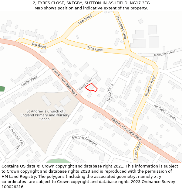 2, EYRES CLOSE, SKEGBY, SUTTON-IN-ASHFIELD, NG17 3EG: Location map and indicative extent of plot