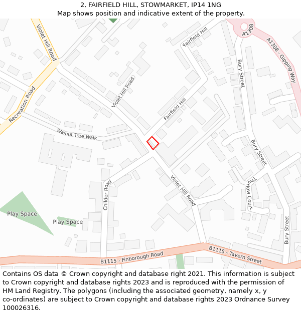 2, FAIRFIELD HILL, STOWMARKET, IP14 1NG: Location map and indicative extent of plot