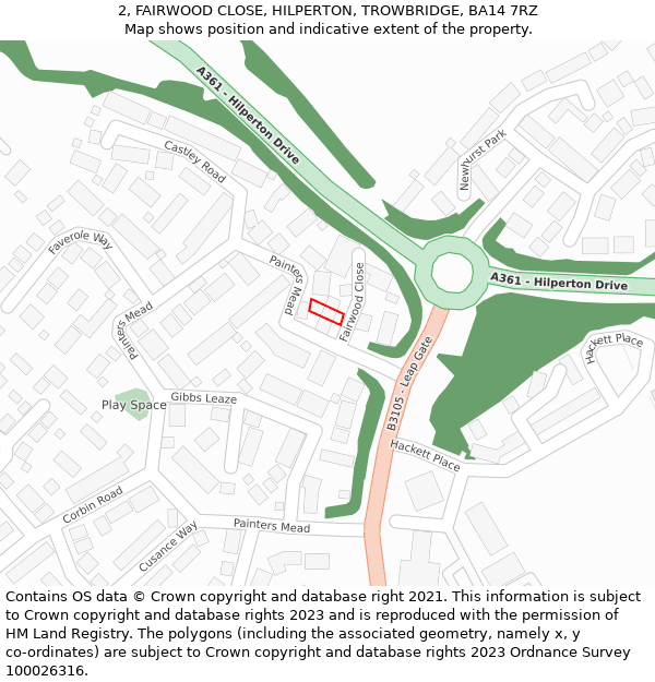 2, FAIRWOOD CLOSE, HILPERTON, TROWBRIDGE, BA14 7RZ: Location map and indicative extent of plot