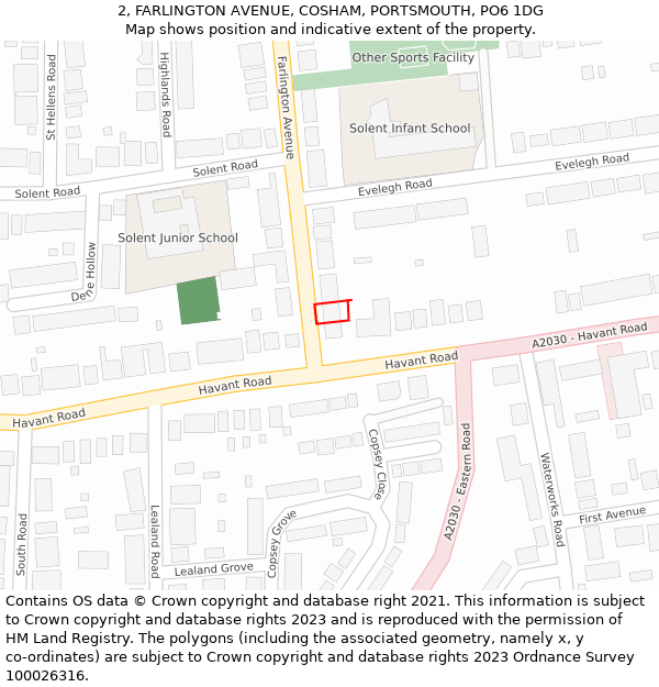 2, FARLINGTON AVENUE, COSHAM, PORTSMOUTH, PO6 1DG: Location map and indicative extent of plot