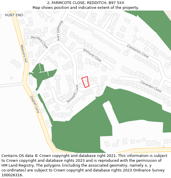 2, FARMCOTE CLOSE, REDDITCH, B97 5XX: Location map and indicative extent of plot