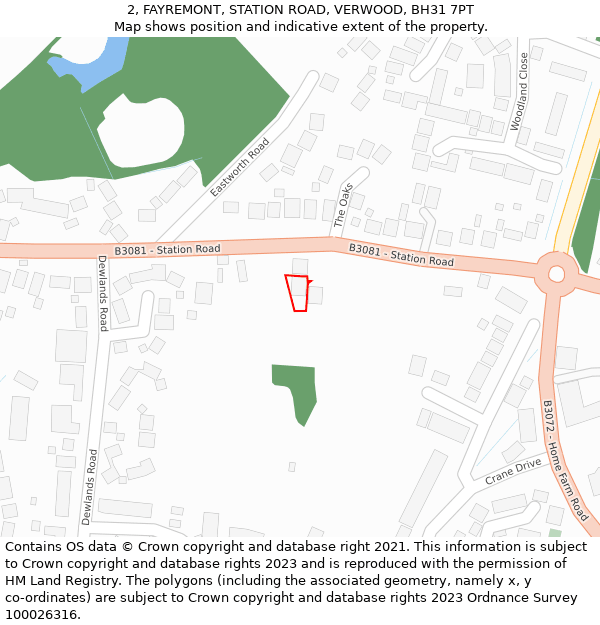 2, FAYREMONT, STATION ROAD, VERWOOD, BH31 7PT: Location map and indicative extent of plot
