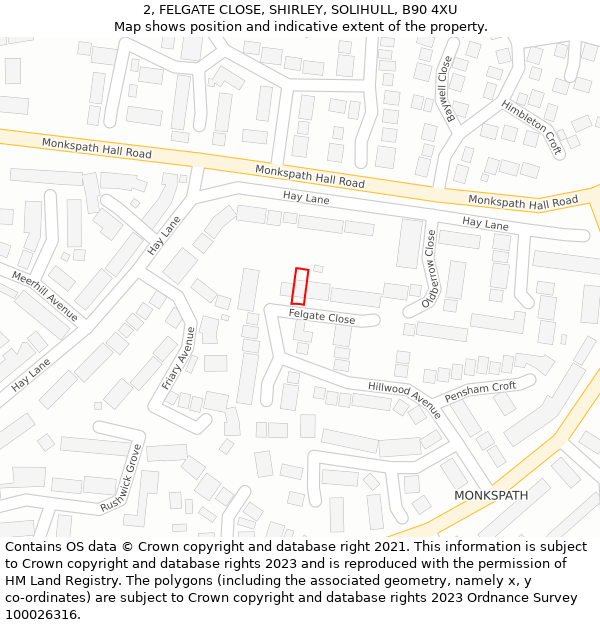 2, FELGATE CLOSE, SHIRLEY, SOLIHULL, B90 4XU: Location map and indicative extent of plot