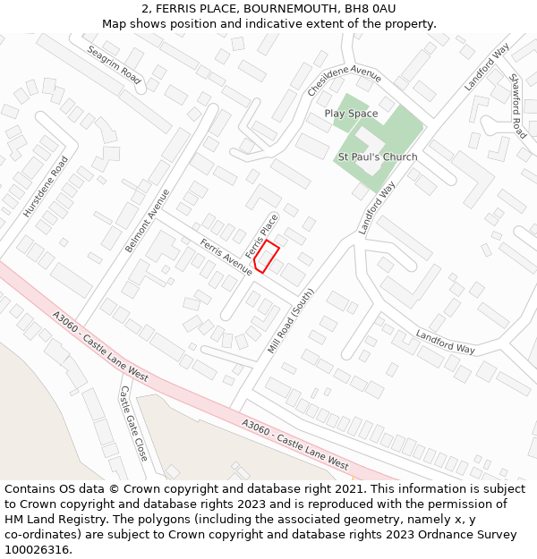 2, FERRIS PLACE, BOURNEMOUTH, BH8 0AU: Location map and indicative extent of plot