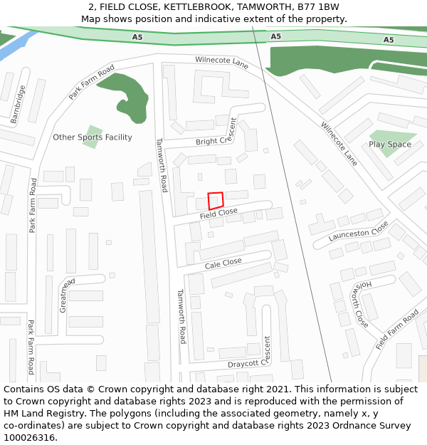 2, FIELD CLOSE, KETTLEBROOK, TAMWORTH, B77 1BW: Location map and indicative extent of plot