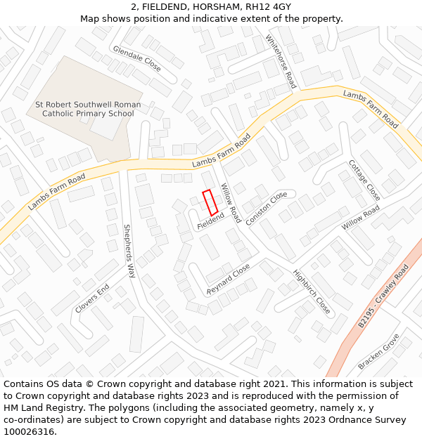 2, FIELDEND, HORSHAM, RH12 4GY: Location map and indicative extent of plot