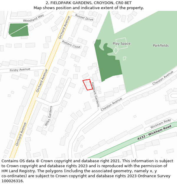 2, FIELDPARK GARDENS, CROYDON, CR0 8ET: Location map and indicative extent of plot