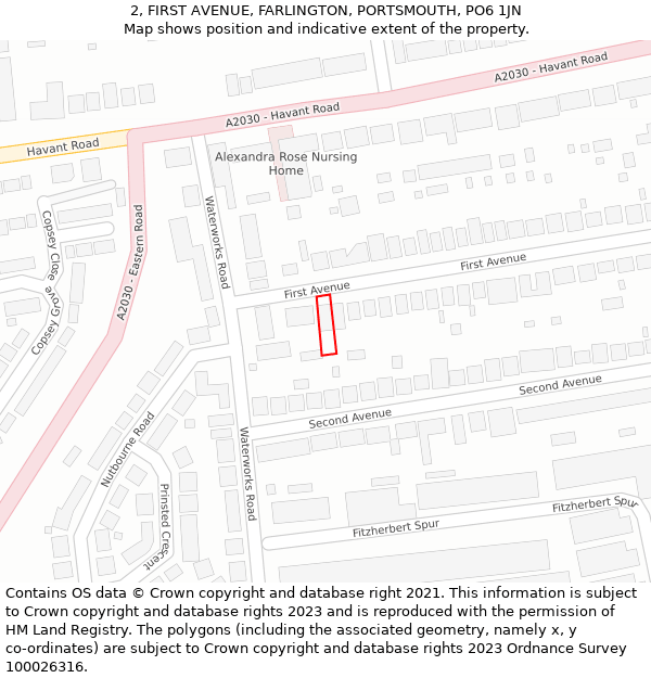 2, FIRST AVENUE, FARLINGTON, PORTSMOUTH, PO6 1JN: Location map and indicative extent of plot