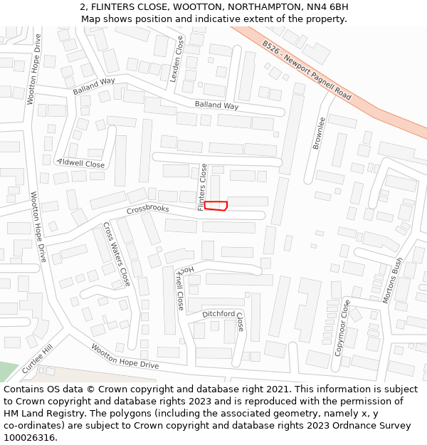 2, FLINTERS CLOSE, WOOTTON, NORTHAMPTON, NN4 6BH: Location map and indicative extent of plot