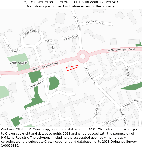 2, FLORENCE CLOSE, BICTON HEATH, SHREWSBURY, SY3 5PD: Location map and indicative extent of plot