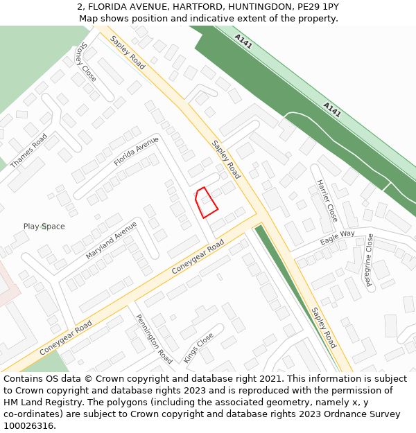 2, FLORIDA AVENUE, HARTFORD, HUNTINGDON, PE29 1PY: Location map and indicative extent of plot