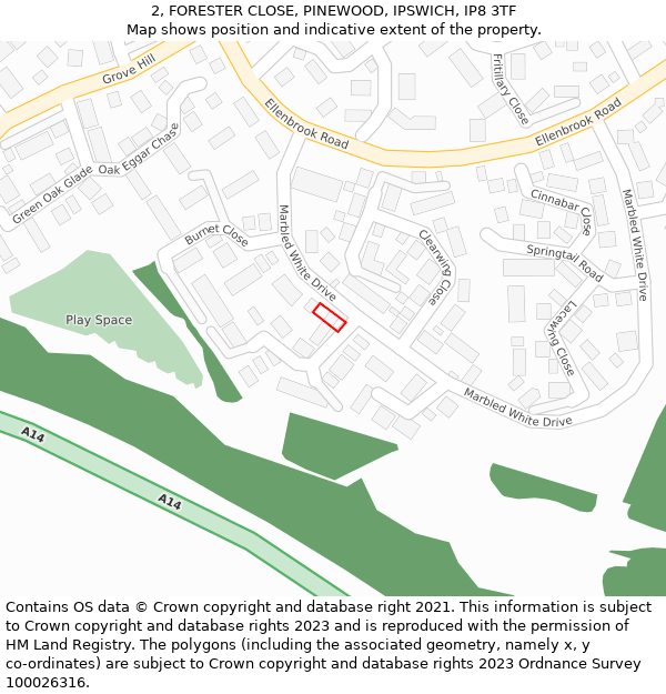 2, FORESTER CLOSE, PINEWOOD, IPSWICH, IP8 3TF: Location map and indicative extent of plot