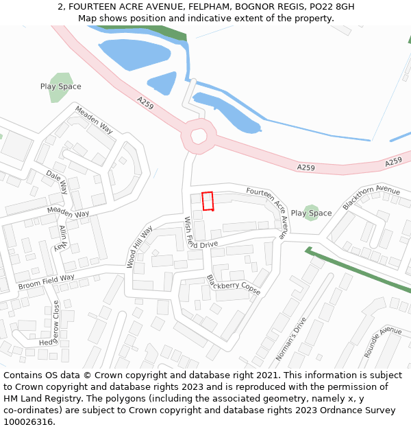 2, FOURTEEN ACRE AVENUE, FELPHAM, BOGNOR REGIS, PO22 8GH: Location map and indicative extent of plot