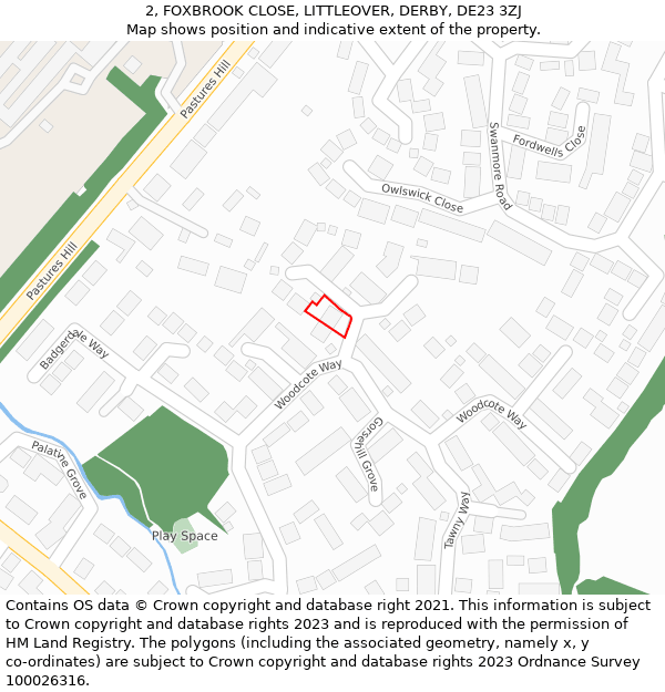 2, FOXBROOK CLOSE, LITTLEOVER, DERBY, DE23 3ZJ: Location map and indicative extent of plot
