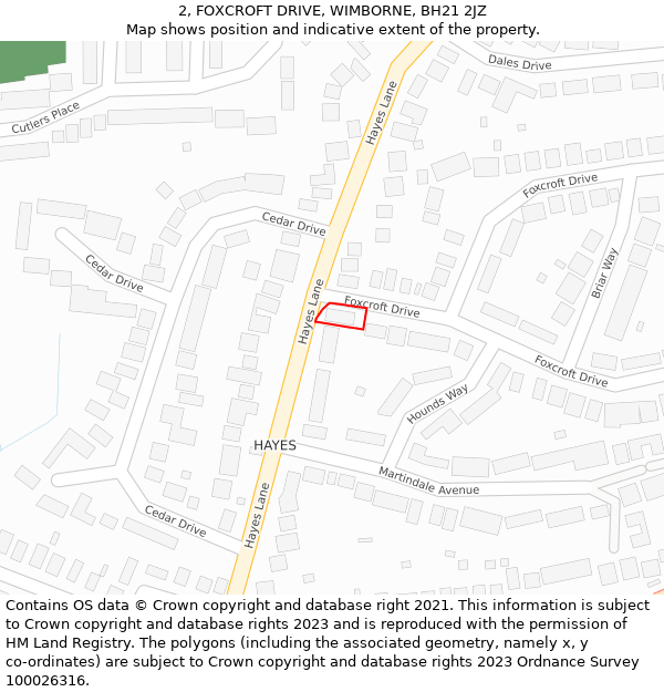 2, FOXCROFT DRIVE, WIMBORNE, BH21 2JZ: Location map and indicative extent of plot