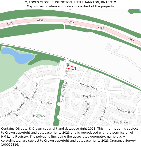 2, FOXES CLOSE, RUSTINGTON, LITTLEHAMPTON, BN16 3TX: Location map and indicative extent of plot