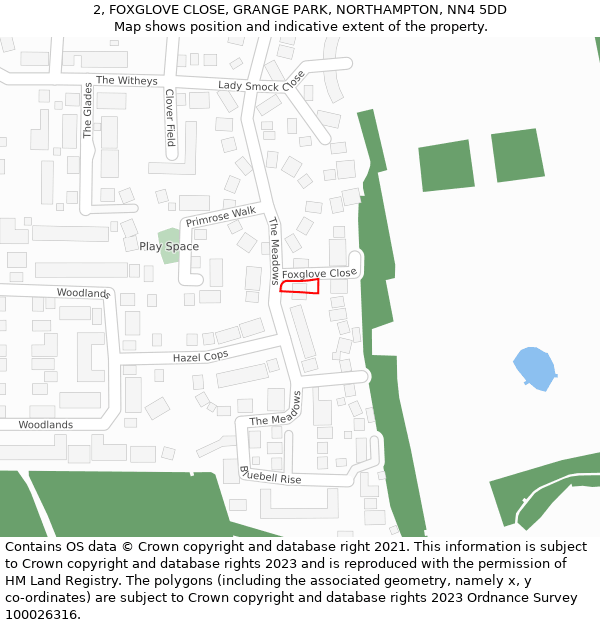 2, FOXGLOVE CLOSE, GRANGE PARK, NORTHAMPTON, NN4 5DD: Location map and indicative extent of plot