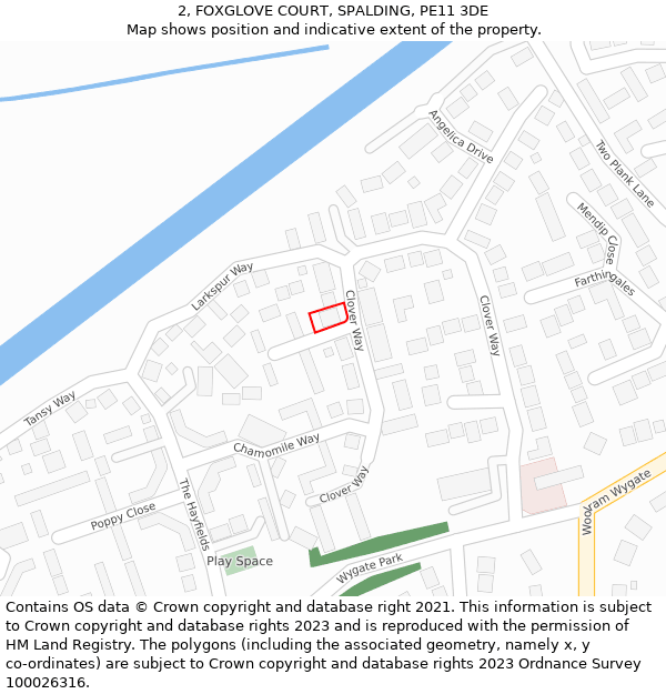 2, FOXGLOVE COURT, SPALDING, PE11 3DE: Location map and indicative extent of plot