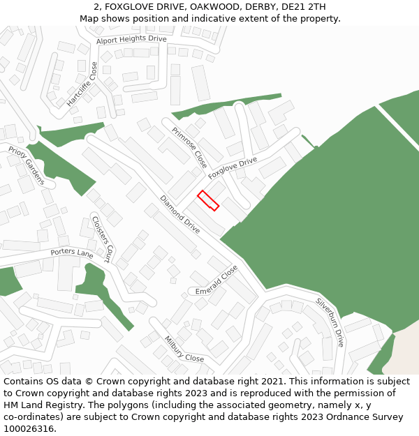 2, FOXGLOVE DRIVE, OAKWOOD, DERBY, DE21 2TH: Location map and indicative extent of plot