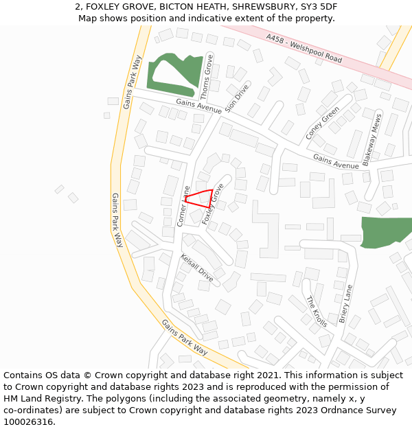 2, FOXLEY GROVE, BICTON HEATH, SHREWSBURY, SY3 5DF: Location map and indicative extent of plot