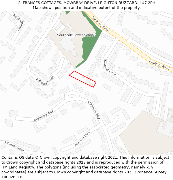 2, FRANCES COTTAGES, MOWBRAY DRIVE, LEIGHTON BUZZARD, LU7 2PH: Location map and indicative extent of plot