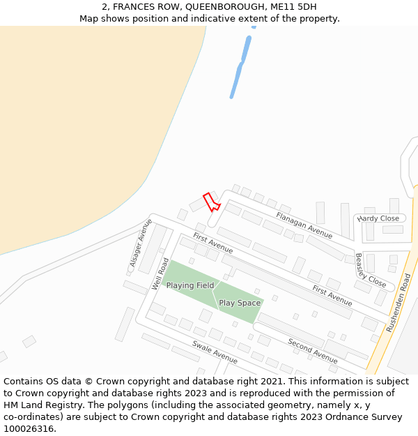 2, FRANCES ROW, QUEENBOROUGH, ME11 5DH: Location map and indicative extent of plot