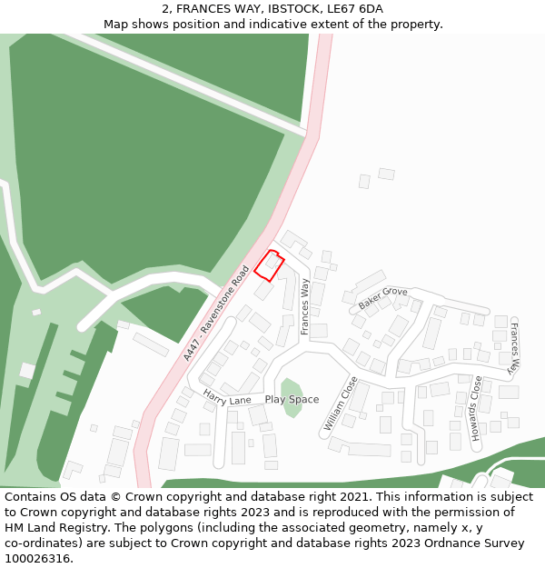 2, FRANCES WAY, IBSTOCK, LE67 6DA: Location map and indicative extent of plot