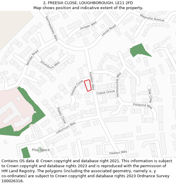 2, FREESIA CLOSE, LOUGHBOROUGH, LE11 2FD: Location map and indicative extent of plot