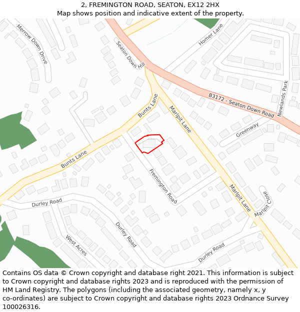 2, FREMINGTON ROAD, SEATON, EX12 2HX: Location map and indicative extent of plot