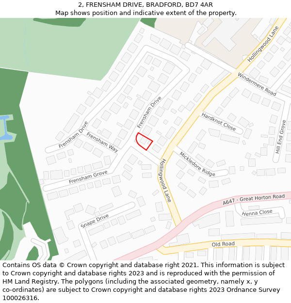 2, FRENSHAM DRIVE, BRADFORD, BD7 4AR: Location map and indicative extent of plot