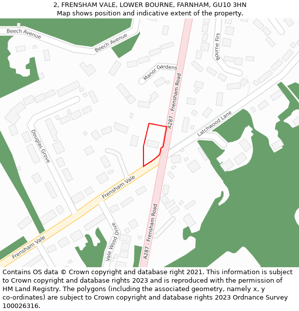 2, FRENSHAM VALE, LOWER BOURNE, FARNHAM, GU10 3HN: Location map and indicative extent of plot