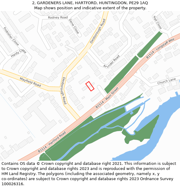 2, GARDENERS LANE, HARTFORD, HUNTINGDON, PE29 1AQ: Location map and indicative extent of plot