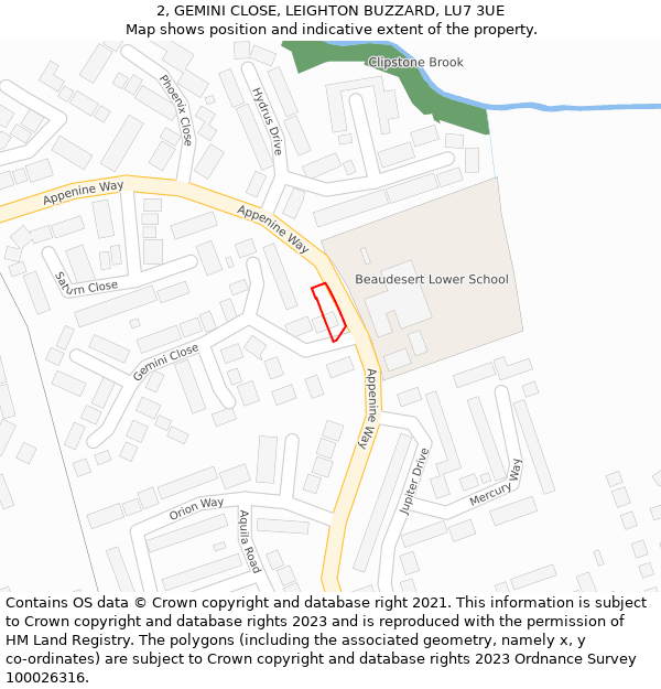 2, GEMINI CLOSE, LEIGHTON BUZZARD, LU7 3UE: Location map and indicative extent of plot