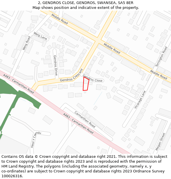 2, GENDROS CLOSE, GENDROS, SWANSEA, SA5 8ER: Location map and indicative extent of plot