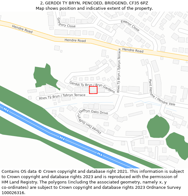 2, GERDDI TY BRYN, PENCOED, BRIDGEND, CF35 6PZ: Location map and indicative extent of plot