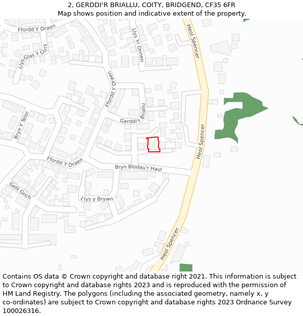 2, GERDDI'R BRIALLU, COITY, BRIDGEND, CF35 6FR: Location map and indicative extent of plot
